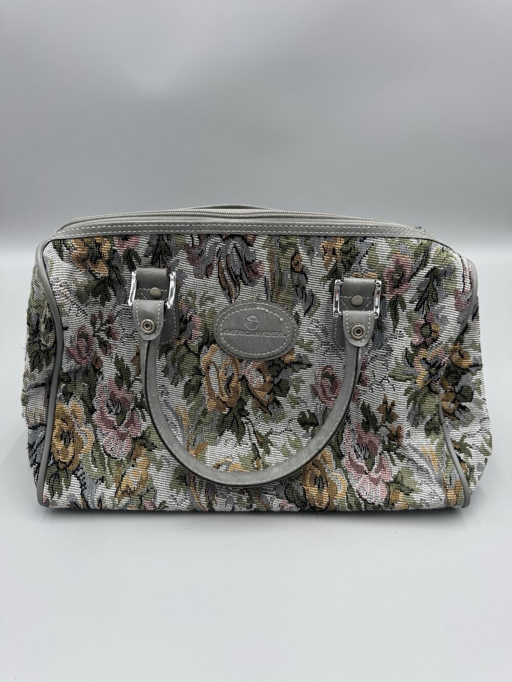 Vintage American Flyer Carry On Bag Purse Floral Tapestry Flowers
